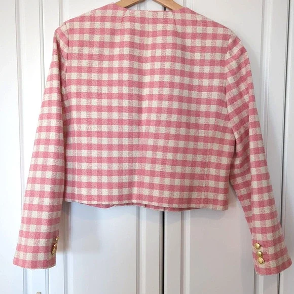 J Crew Louisa Lady Jacket in Pink Gingham Terry Tweed w/ Gold Buttons Size 8 - Picture 6 of 11